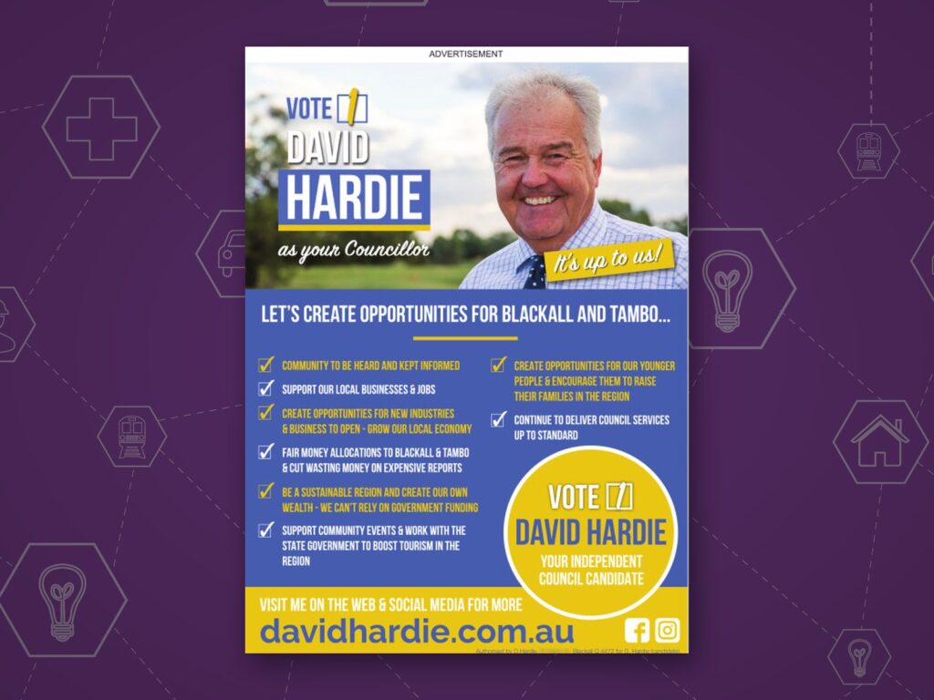 Cr David Hardie: newspaper advertisement