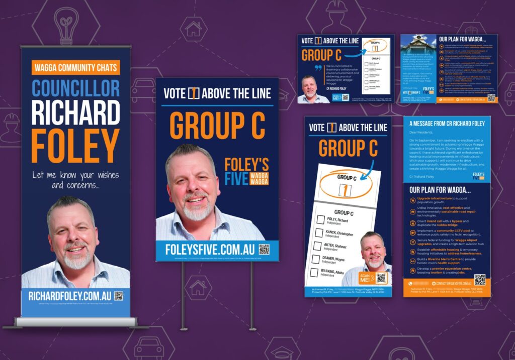 Cr Richard Foley: pull-up banner, corflute, and A5 and DL how-to-vote cards