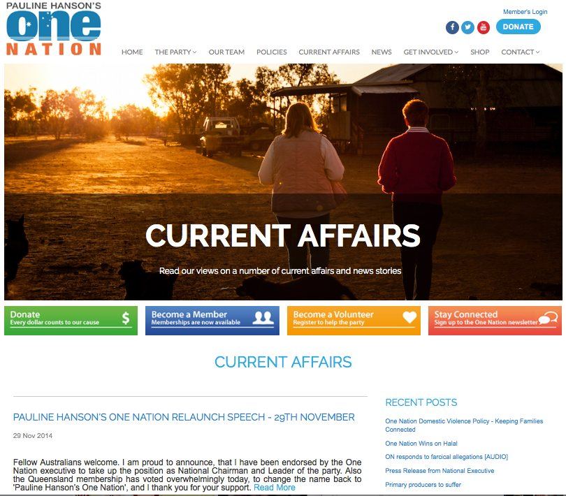One Nation website, current affairs page
