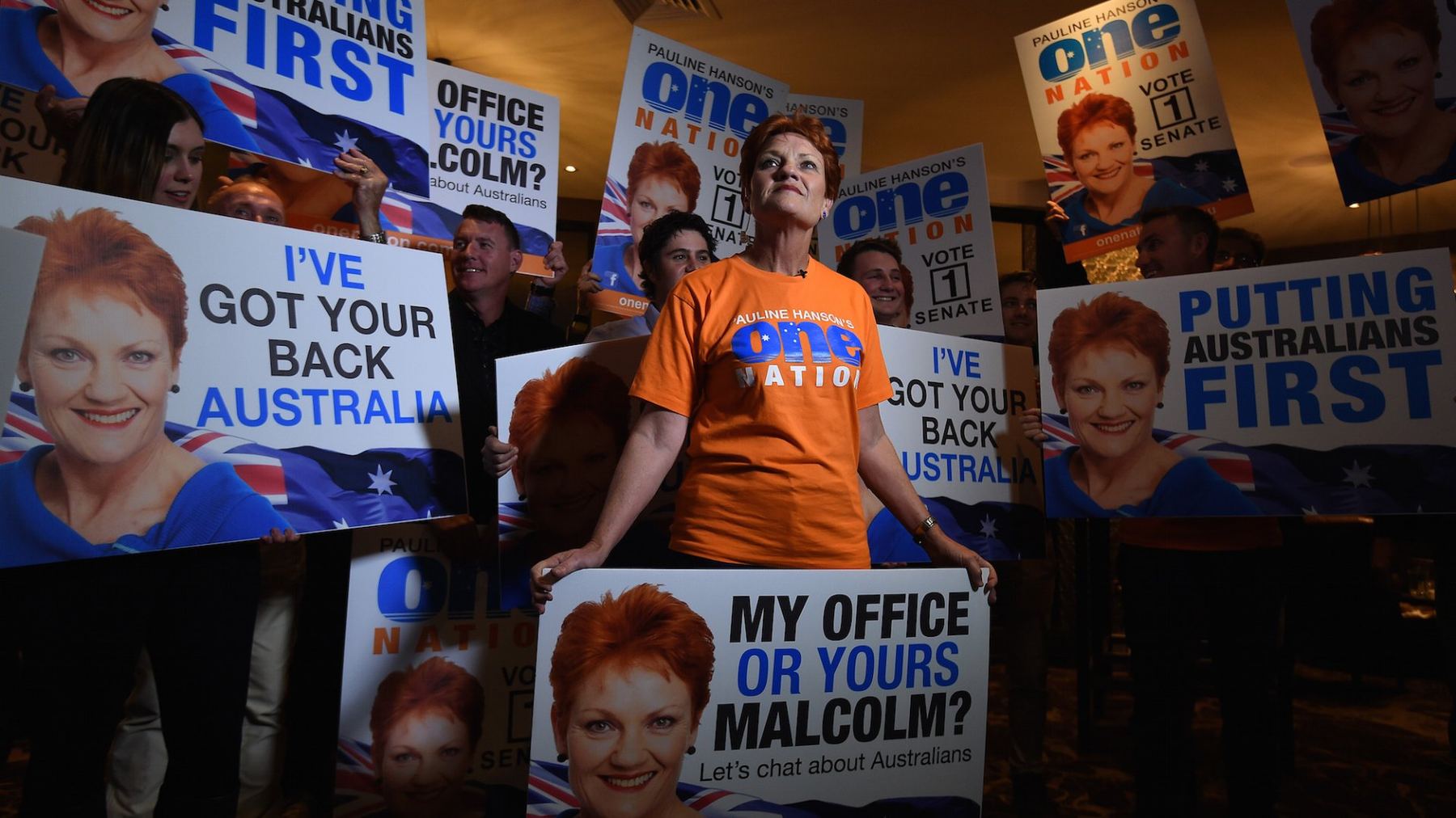 Pauline Hanson surrounded by One Nation campaign signs on election night, 2016