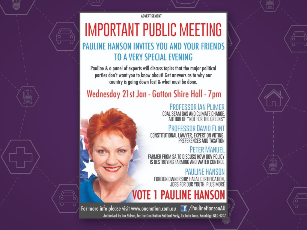 Pauline Hanson: public meeting advertisement, Gatton Star