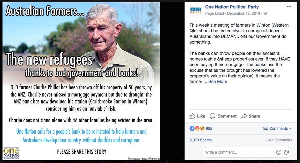 Pauline Hanson's One Nation: Facebook post, Australian farmers