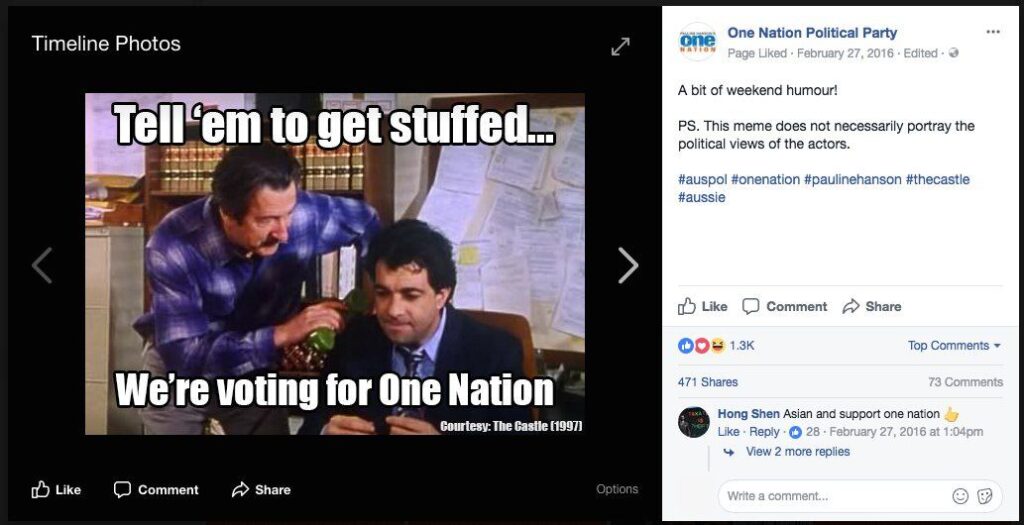 Pauline Hanson's One Nation: Facebook post, we're voting for One Nation