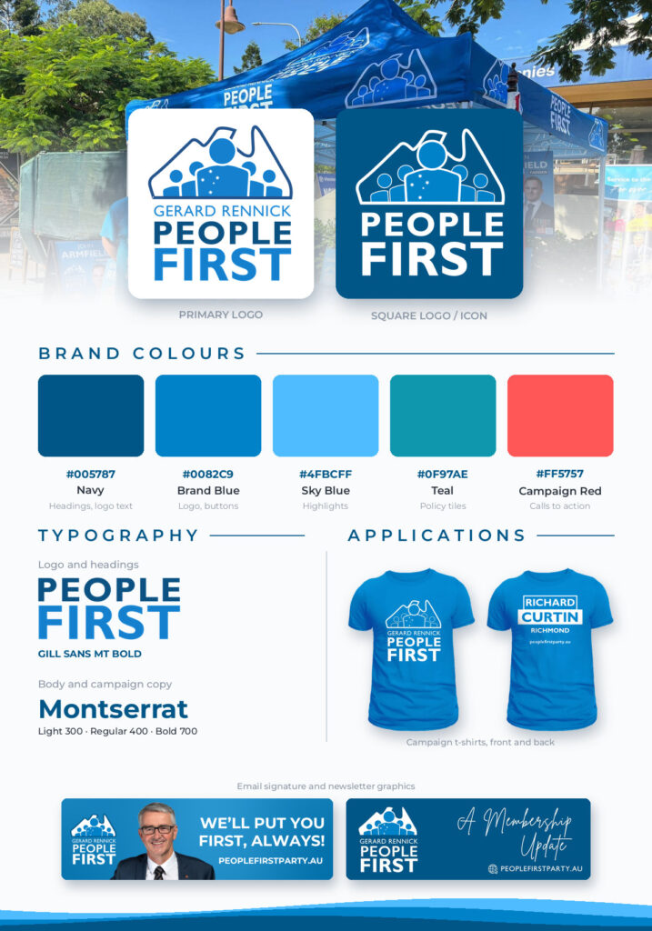 People First Party: logos, colours, typography, t-shirts and email graphics