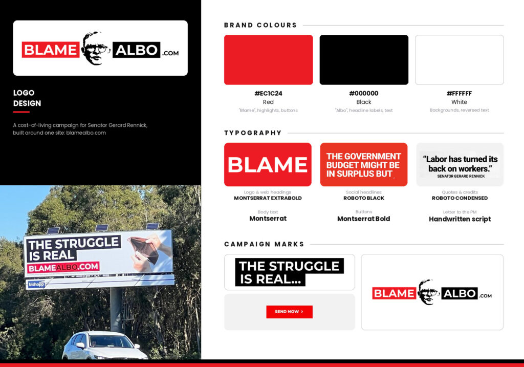 Senator Gerard Rennick: BlameAlbo.com campaign brand guide
