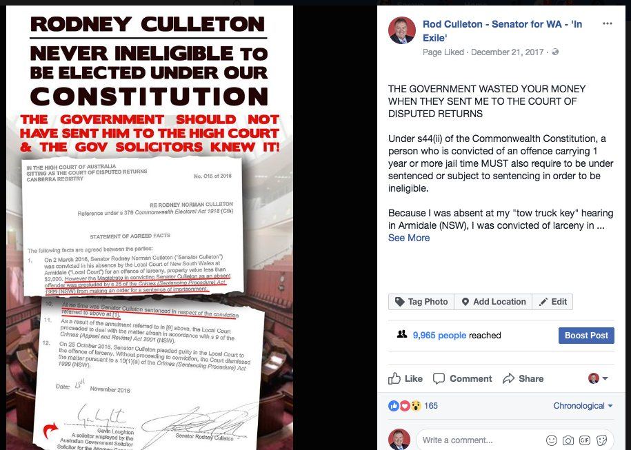 Senator Rod Culleton: Facebook post, never ineligible to be elected