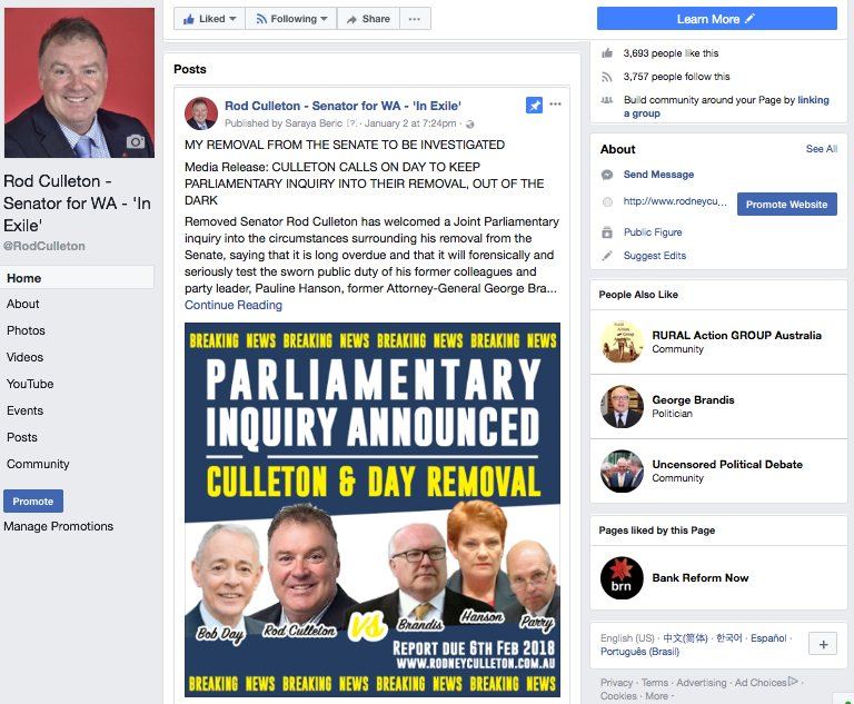Senator Rod Culleton: Facebook post, Parliamentary Inquiry announced