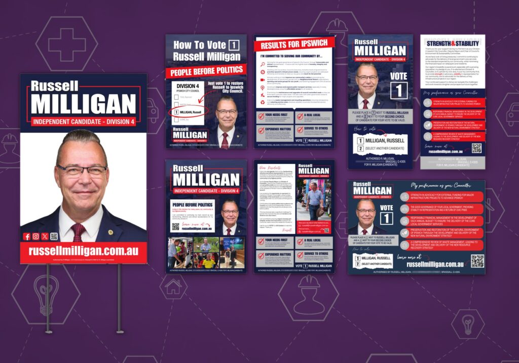 Cr Russell Milligan: corflute, how-to-vote cards, flyer and newspaper ad